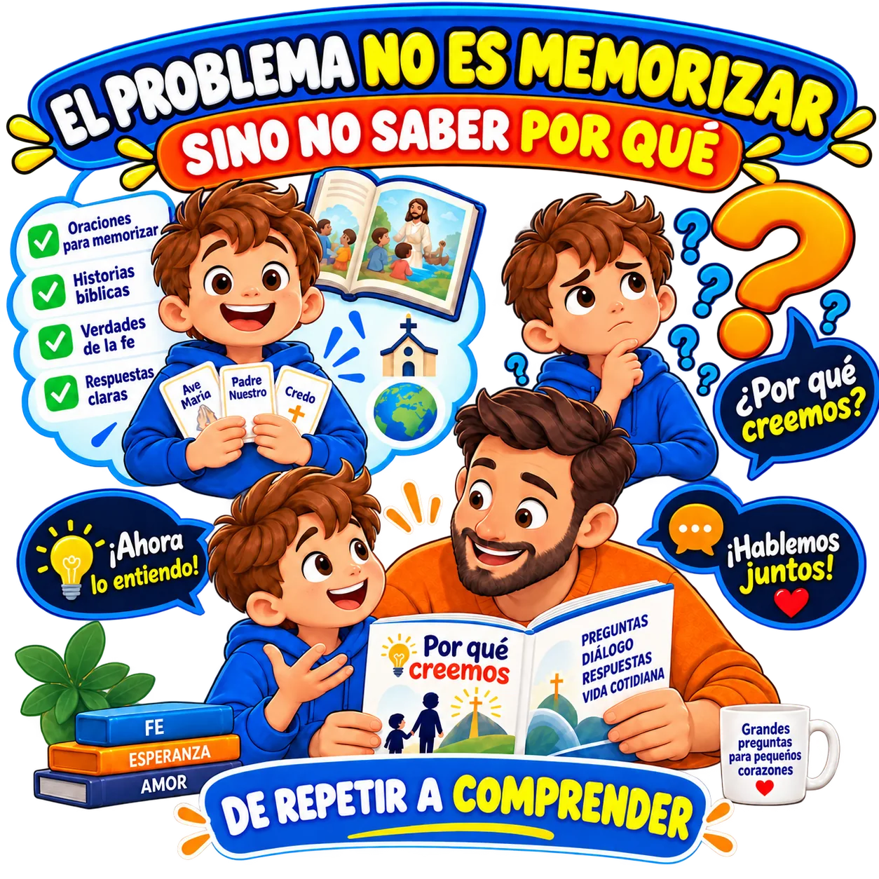 El problema no es aprender, es no saber por qué: ilustración de un niño que pasa de repetir a entender junto a un padre